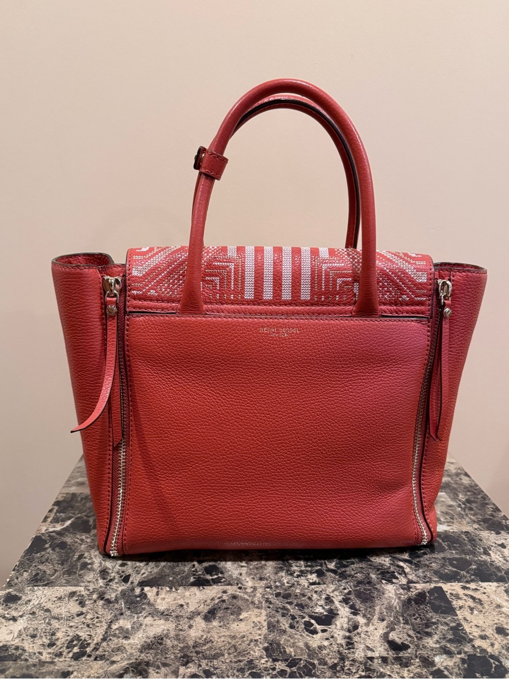 Henri Bendel Tribal Geo Embroidered Bag Paprika Red/Orange - Picture 3 of 14
